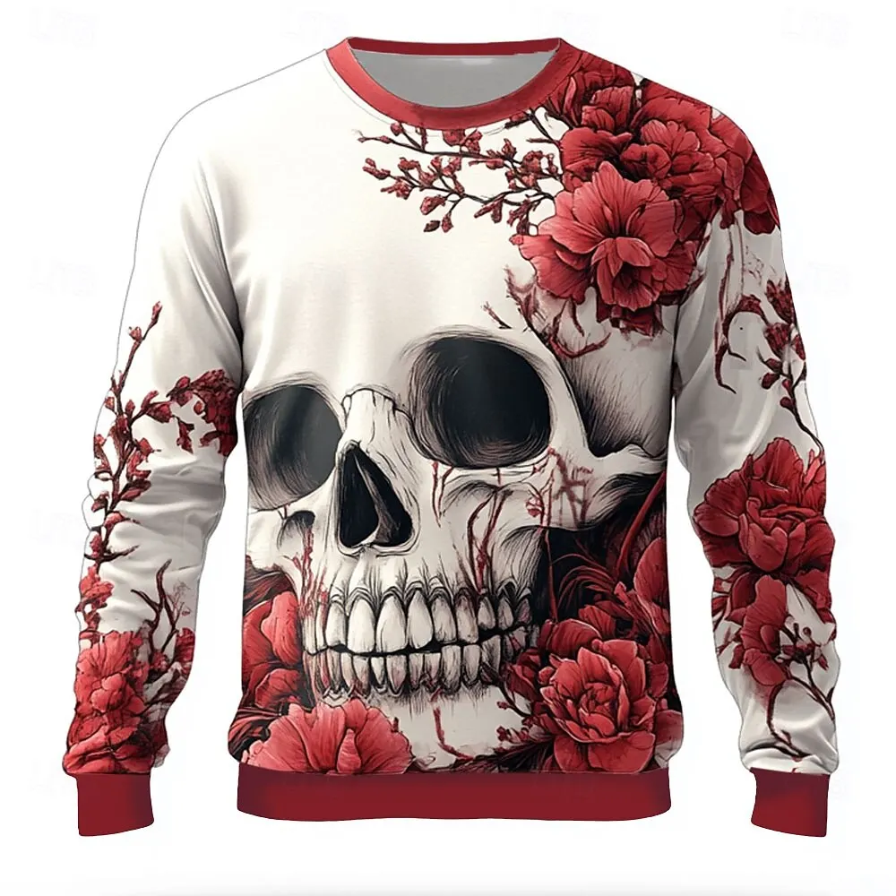 

Pullover Sweatshirt For Men Rose Skull Graphic Long-Sleeved Printed T-Shirt Autumn Fashion O-Neck Hoodies Oversized Men Clothing