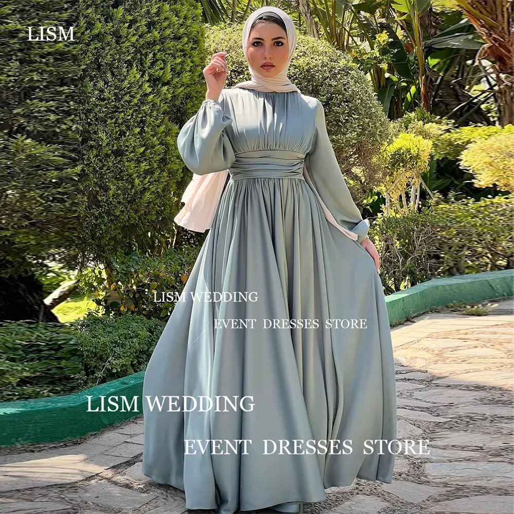 

LISM Modest Muslim With Hijab Arabic Women Evening Dresses Silk Chiffon A-LINE O-Neck Long Sleeves Formal Party Prom Gowns