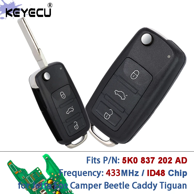 KEYECU P/N: 5K0 837 202 AD 433MHz ID48 رقاقة مفتاح بعيد ذكي فوب ل Volkswagen Golf Jetta Eos Camper Beetle Caddy Caddy Tiguan #1