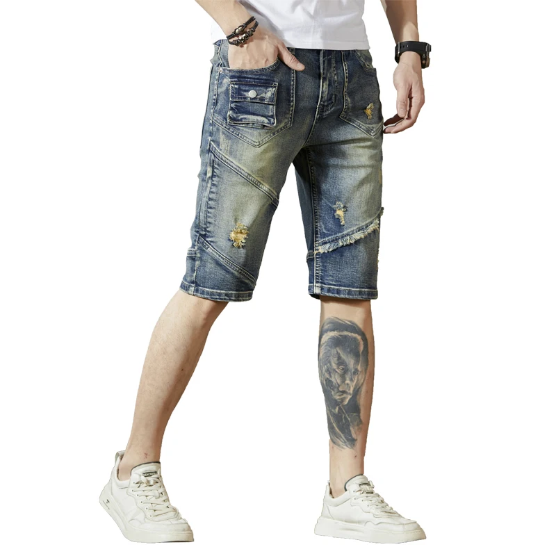 Pantalones cortos de mezclilla Retro para hombres, costura rasgada, moda, personalidad de motocicleta, tipo coreano, pantalones recortados elásticos delgados