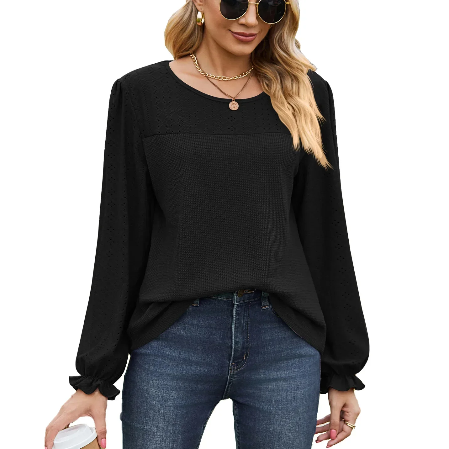 Women Long Sleeve Loose Casual T-shirt Tops for Spring, Autumn Round Neck Solid