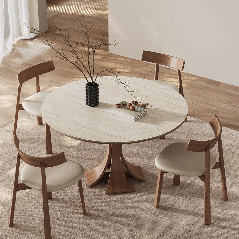 

French retro medieval retractable rock slab dining table modern simple small apartment solid wood travertine rock slab slim dini