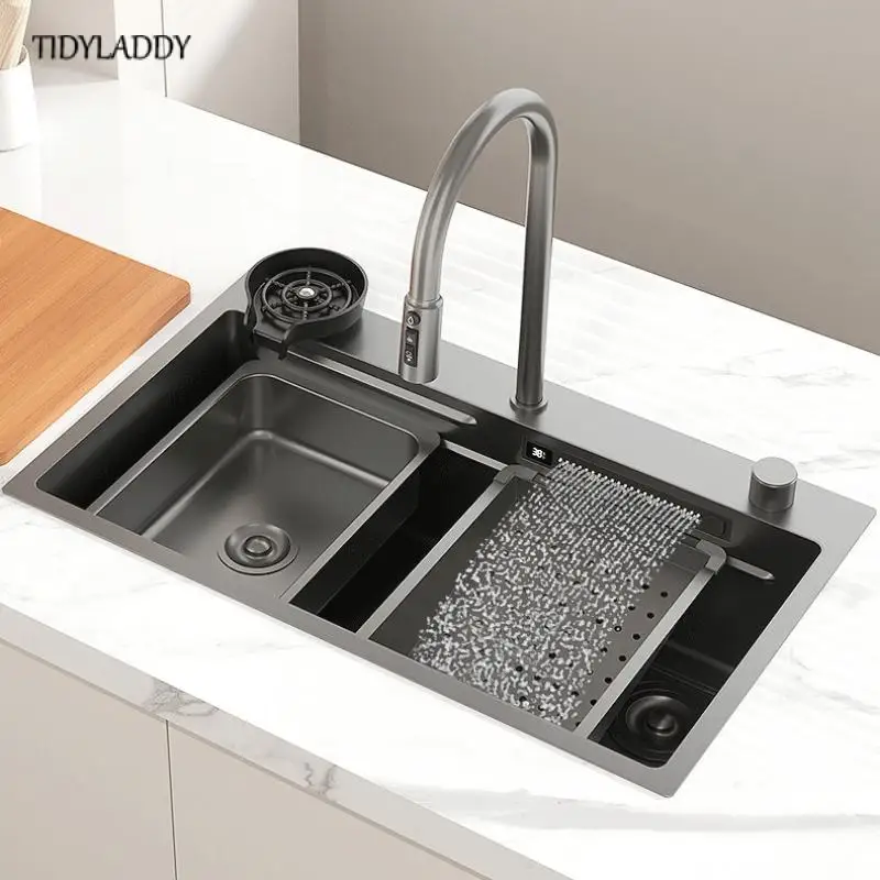 New Waterfall Kitchen Sink Multifunction Stainless Steel Large Single Slot with Digital Display Cup Washer Kitchen Accessories