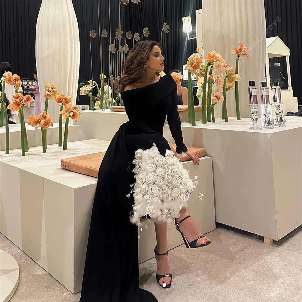 Fashion Long Sleeves Women Prom Dresses Elegant Flowers Floor Length Sheath Gowns Chic Birthday Party Formal Evening Dresses