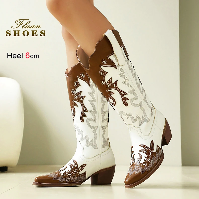 

High Heel Long Boots for Women Autumn Winter Knee High Wide Fit Western Cowboy Shoes 6CM Block Heeled Fashion Pointy Denim Boots