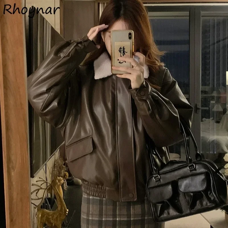 

Jackets Women American Retro Thickening Plus Velvet Warm PU Tops Patchwork Turn-down Collar Baggy All-match Streetwear Winter