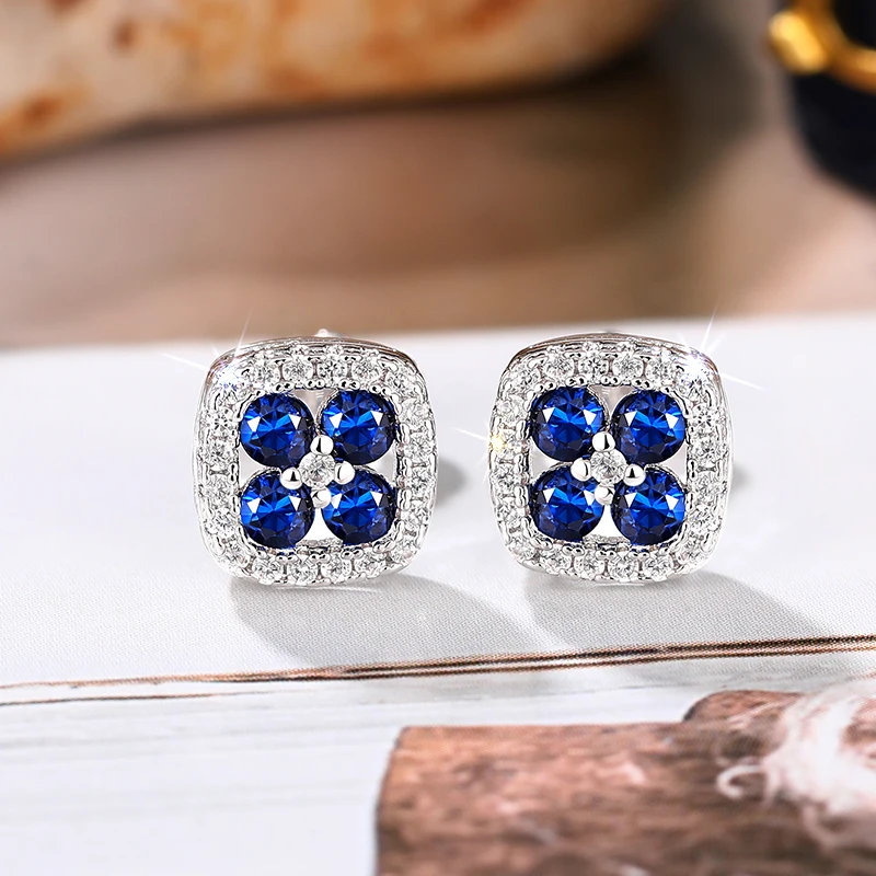Women's Chic Square Stud Earrings with Blue/White Cubic Zirconia