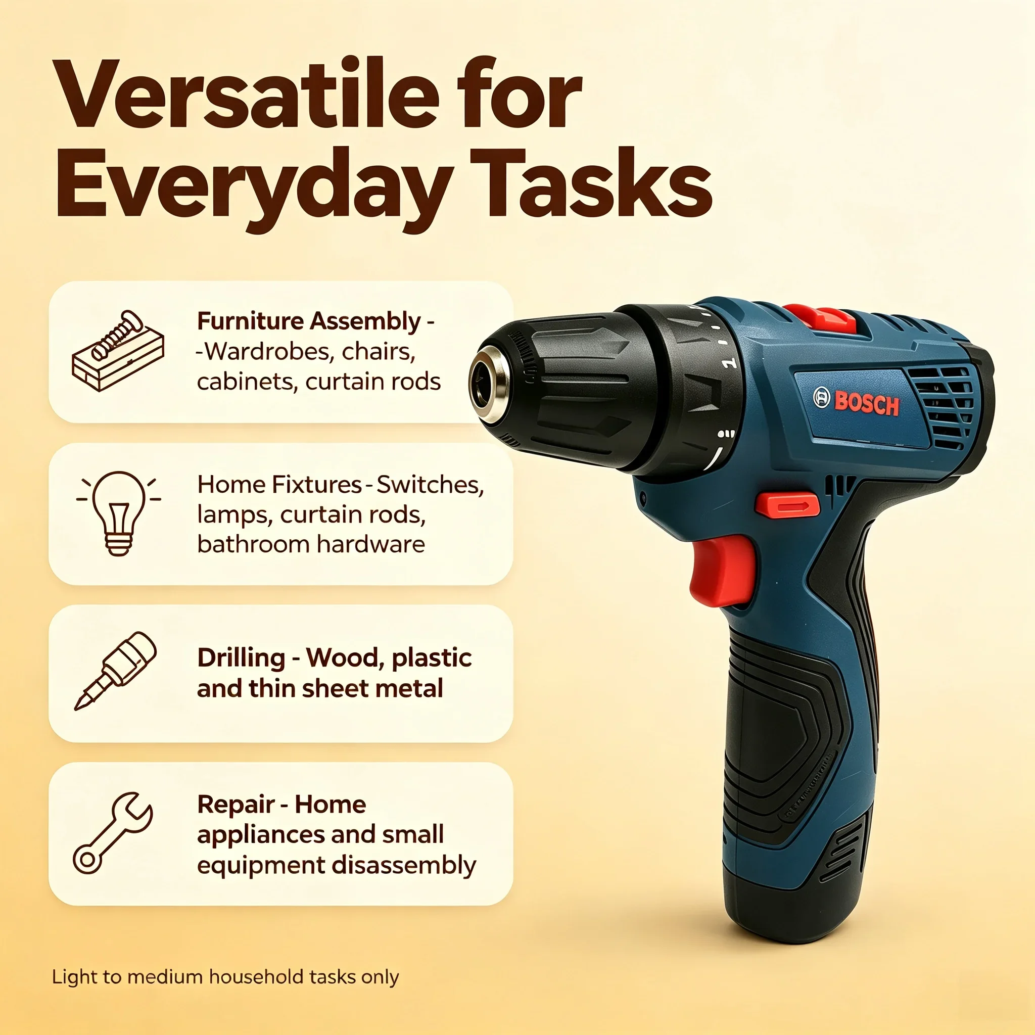 Bosch GSR120 Multi-Function Hand Drill, 12V Cordless Household Power Tool for Home DIY Tasks