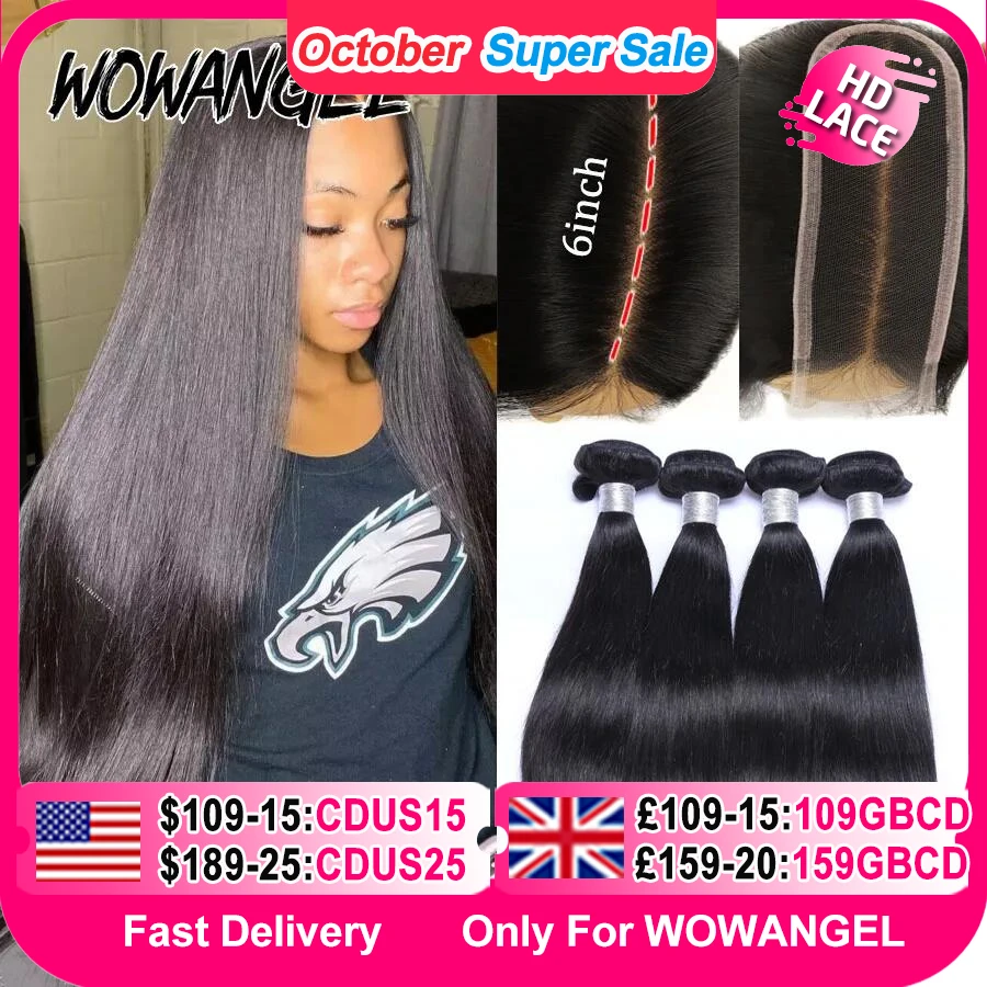 Wow Angel 2x6 HD Chiusura in pizzo con pacchi Capelli umani Separazione profonda Pelli fuse 30 Estensioni dei capelli lisci brasiliani da 32 pollici