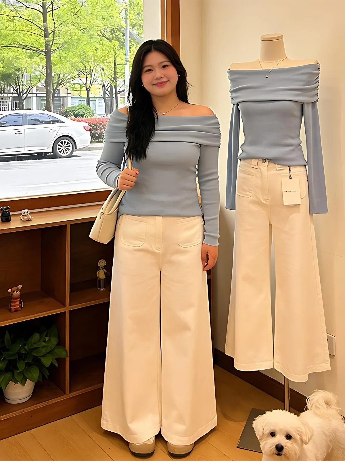 

Anti-Aging Large Size Women's Spring Fashion Set with Long Sleeve One-Shoulder Top And Straight Leg Pants Two-Piece Suit