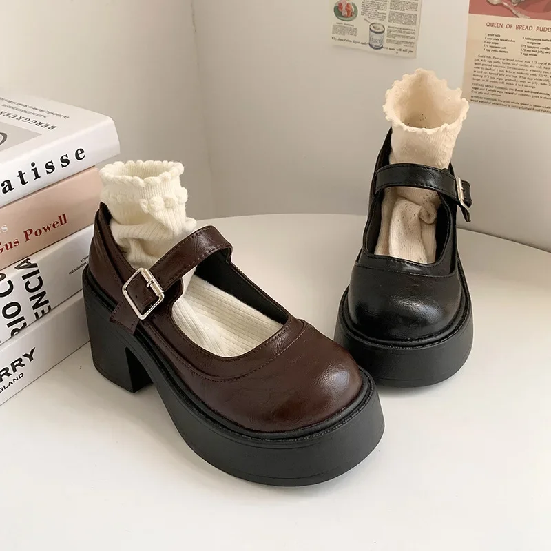 

Mary Jane shoes for women round toe heightening thick sole spring and autumn French style thick heel shallow mouth single shoes
