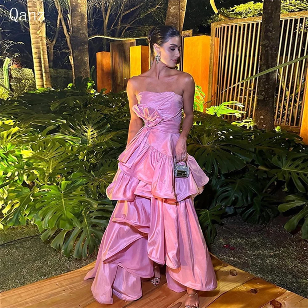 

Qanz Elegant Satin Pink Evening Dresses Strapless Long Tiered Formal Occasion Dresses Vestidos De Noche Para Mujer Customized