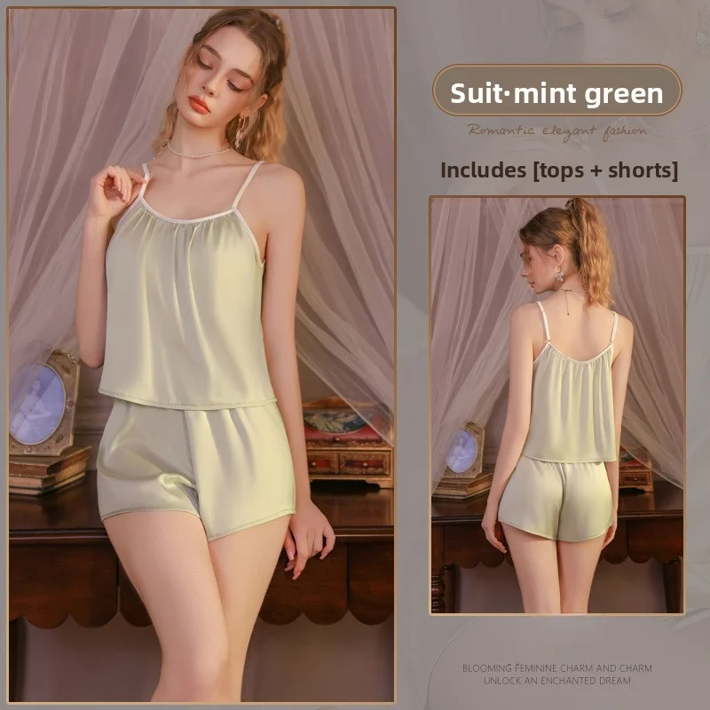 Small chest friendly girl Summer Cool Sexy Pajamas Two Pieces Soft Comfortable Skin friendly Camisole Pants Removable Chest Pads
