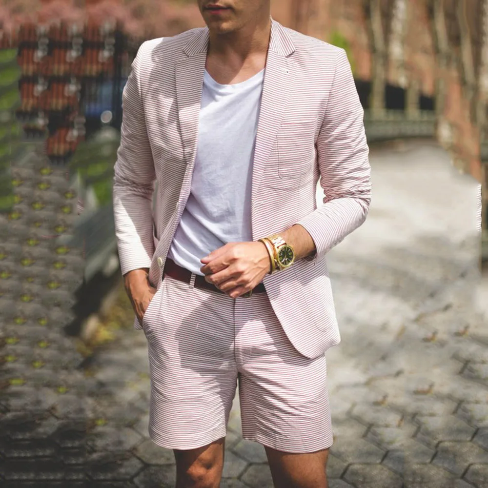 Blush Pink Short Suit Set For Men Single Button lattice Formal Party Suits Solid Color Regular Fit Casual Jackets And Pants