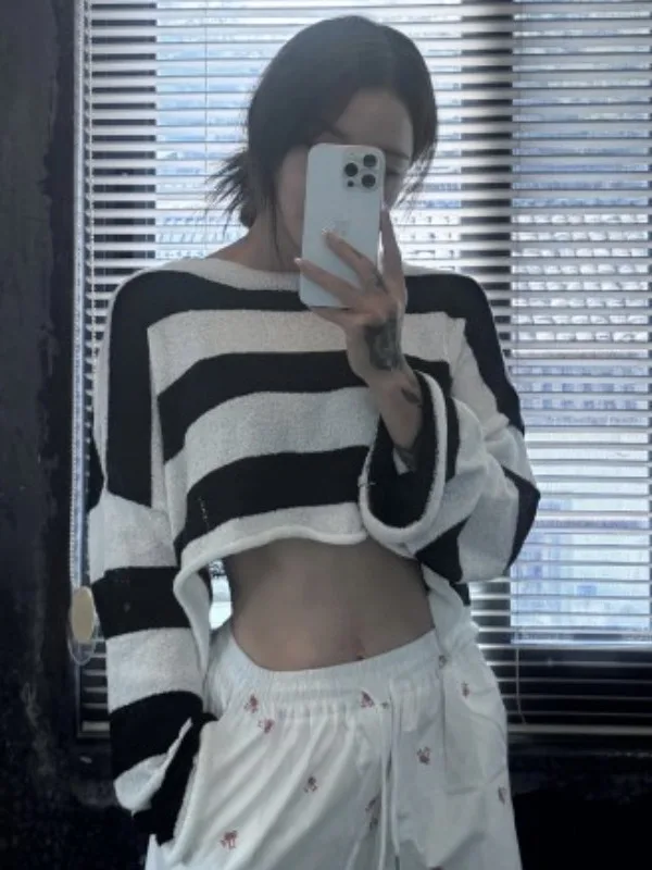 

Slimming Effect Loose Fit Stripe Knitwear Top Women's round Ne Long Sve Sun Protection Cover up Faionable Commute Sle