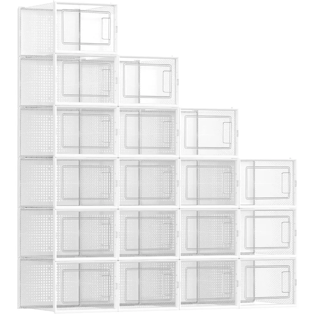 Shoe Boxes, Pack of 18 Shoe Storage Organizers, Stackable Clear Plastic Boxes for Closet, Sneakers, 9.9 x 13.7 x 7.4 Inches