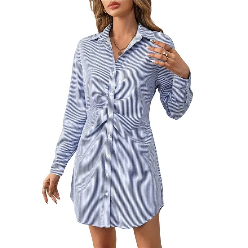 

CYL-Women Button Down Shirt Dresses Striped Cotton Shirts Collared Long Sleeve Tops