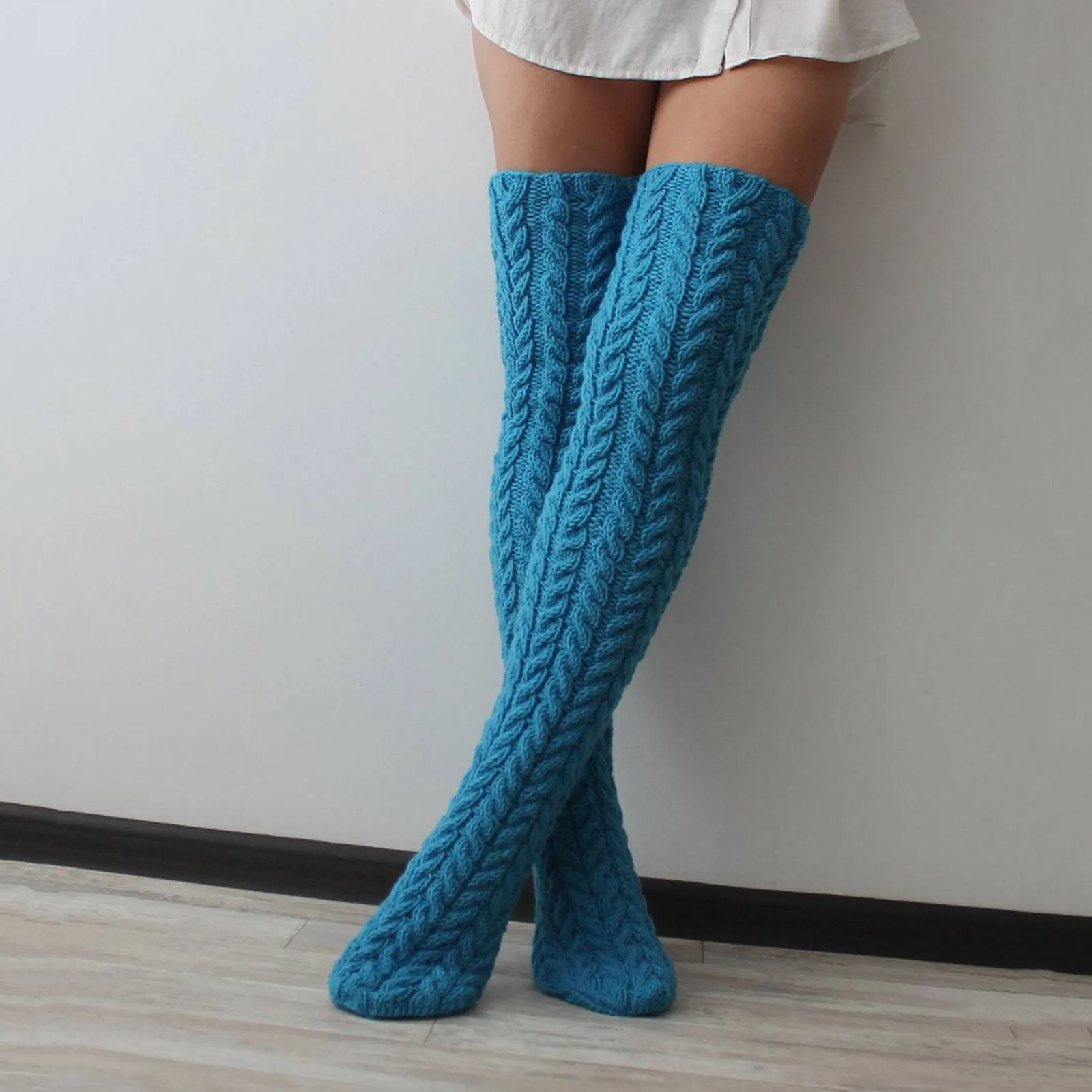 2024 Fashion Women Cable Knitted Long Stockings Fashion Thigh High Boot Socks Winter Solid Color Over Knee Leg Warmers