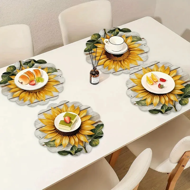 VIKAMA 4-teiliges Set Sonnenblumen-Tischsets, Gelbe Tischmatten im Landhausstil, Wasserdicht und Rutschfest für Küche, Esszimmer, Heim und Partydekoration