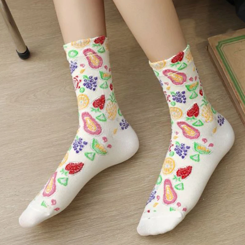 3 Pairs Korean Style Women Socks Ethnic Print Pattern Autumn Winter Cotton Socks Middle Tube Breathable Designer Sokken Vrouwen