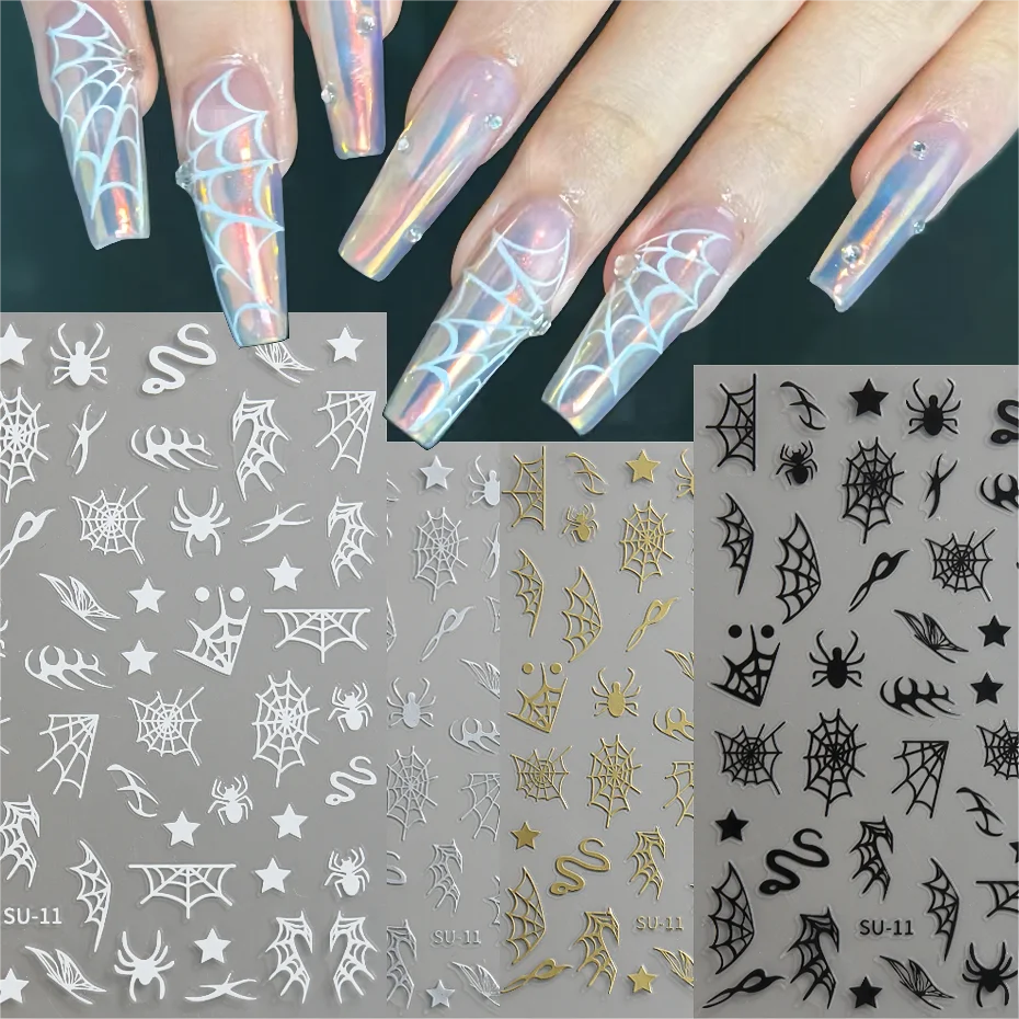 Halloween Cobweb Stars Nail Stickers Gold Black Silver White Spider Curved Lines Glossychic Design Nail Art Decor Decal LESU-11