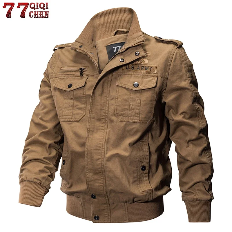 Mens 100% Cotton Jackets Plus Size 5XL Spring Autumn Multi-pocket Military Bomber Jacket Male Casual Air Force Flight Coat Male