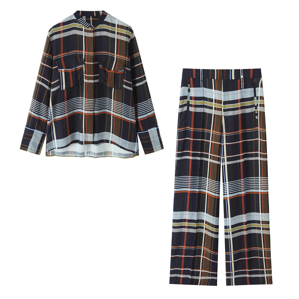 Conjunto de camisa xadrez feminina com bolso e calças outono comércio moda e26168/7f estilo europeu e americano