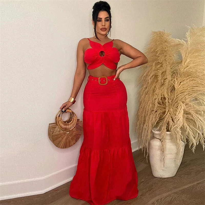 

Sexy Two Piece Skirt Sets Women Flower Shaped Lace Up Backless Vests Crop Top High Waist Maxi Skirts Party Elegant Dress Suits