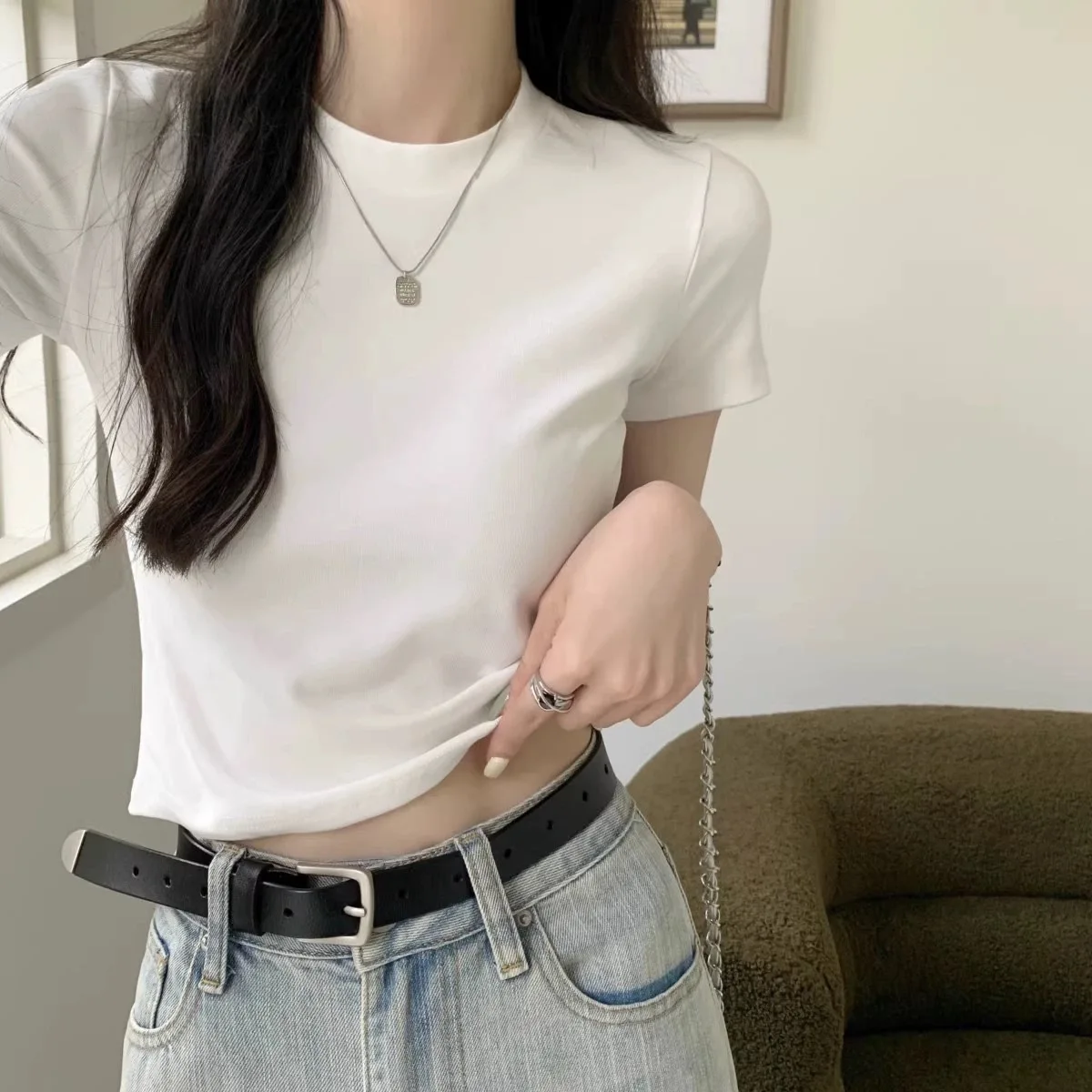 Kaus Lengan Pendek Katun Murni Bahu Depan Musim Semi Musim Panas untuk Wanita dengan Slim Fit dan Slim Inner Bottom T-shirt Top Ins