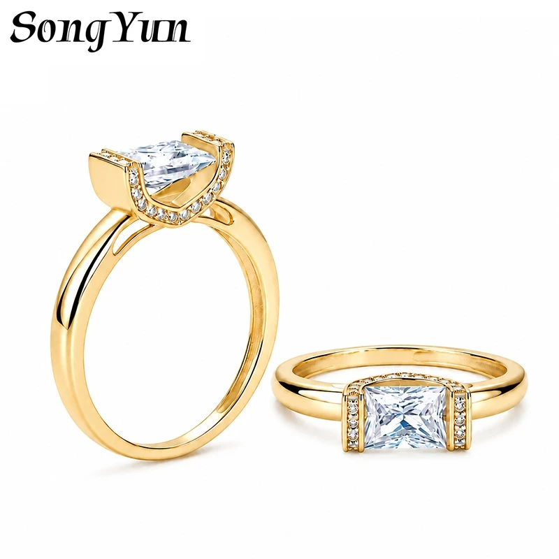 SONGYUN Moissanite Diamond Jewelry Womens S925 Sterling Silver Rectangle Full Moissanite Solid Band Ring