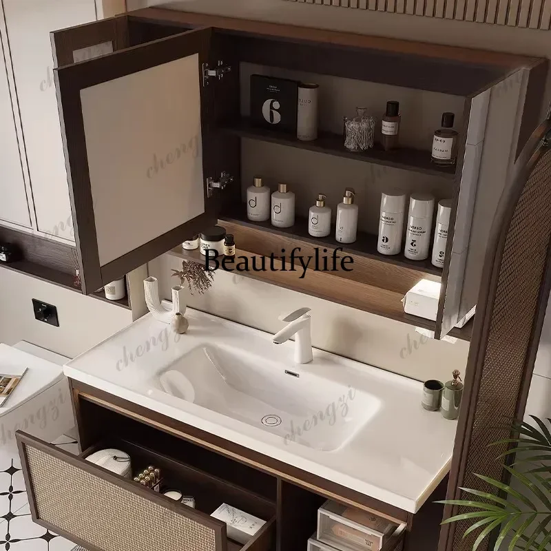 Medieval style bathroom washbasin ceramic integrated basin bathroom cabinet solid wood washbasin cabinet mirror cabinet  a17