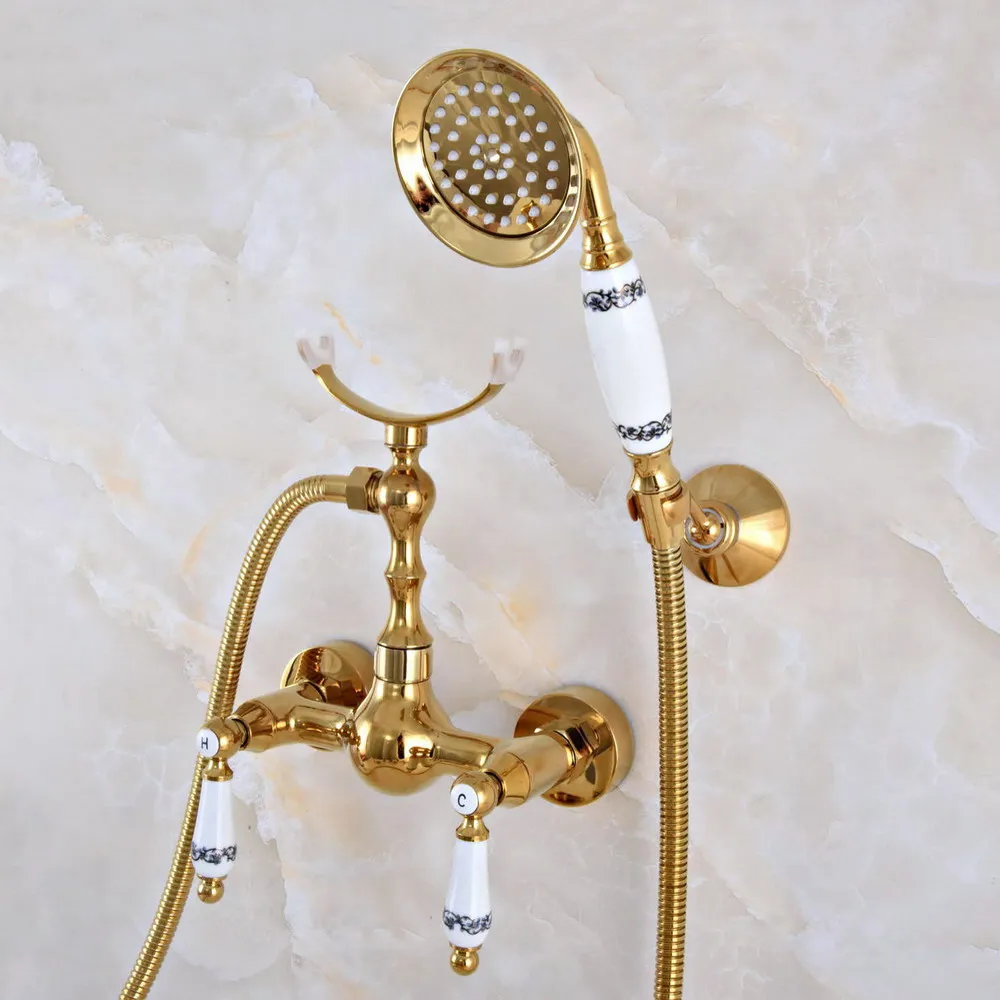 

Polished Luxury Golden Brass Wall Mounted Bathroom Shower Faucet Set with 1.5M Hose Handheld Spray Head Mixer Tap Dna926