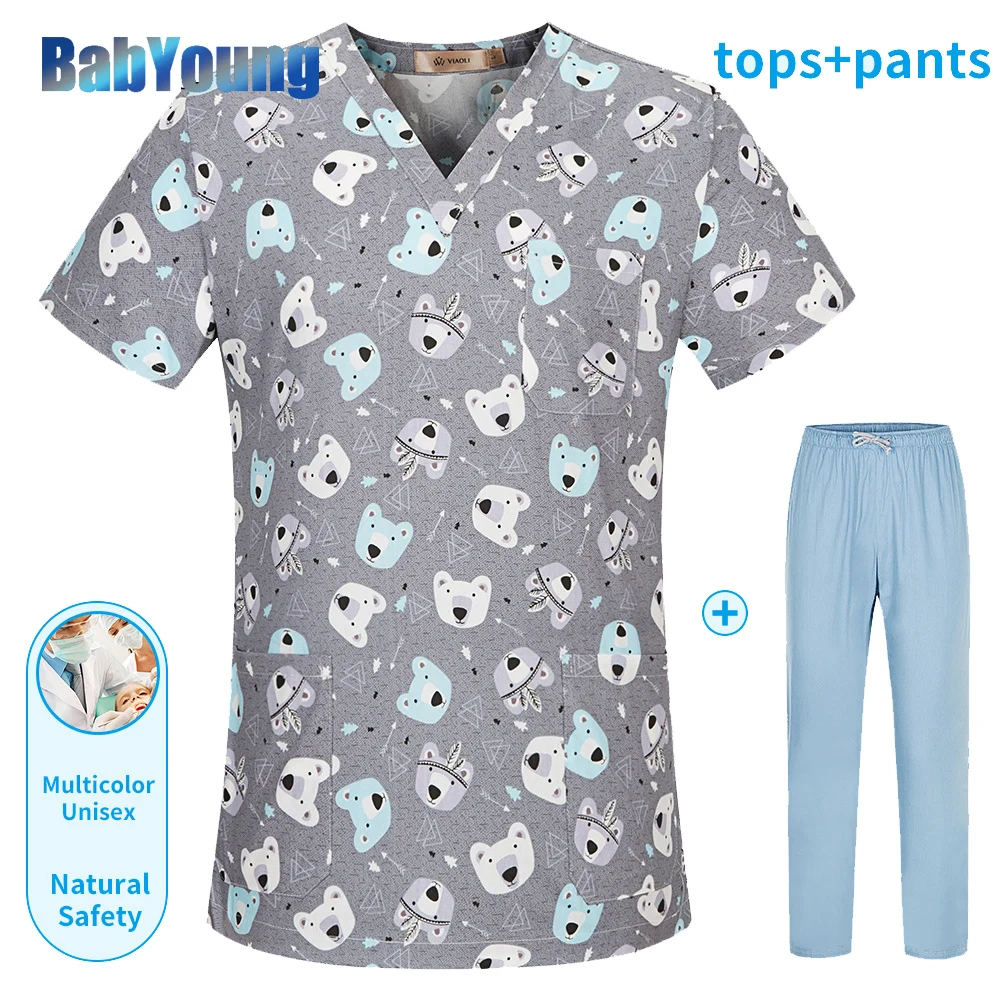 Animal Printing Surgery Scrubs Tops Grooming Beauty Salon Work Clothing Pet Clinic Veterinary Health Check Uniforms