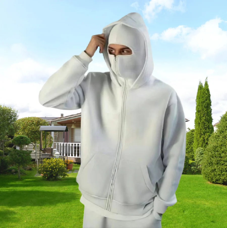 Unisex Double Hooded Fleece Sweatshirt Woman Balaclava Hoodie Half Zip Warm Outfit for Fall Winter Men Clothing Masked Outfit