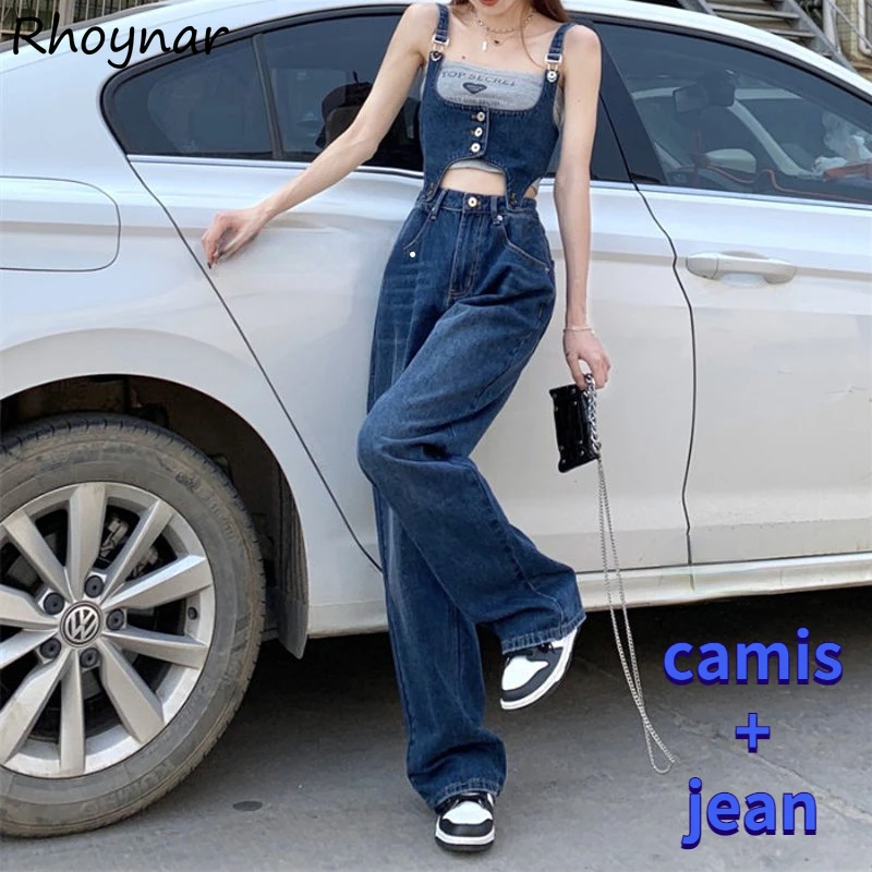 

Women Sets 2 Piece Denim Square Collar Camis Retro Jean Streetwear Popular Korean Style Loose High Waist Young Ulzzang Chic Ins