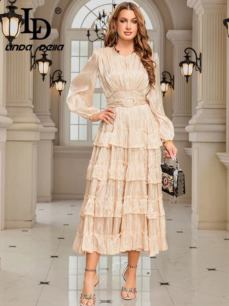 Ld linda da princesa vestido de festa primavera/verão feminino retro em torno do pescoço mangas bolha cor sólida em camadas bolo vestido