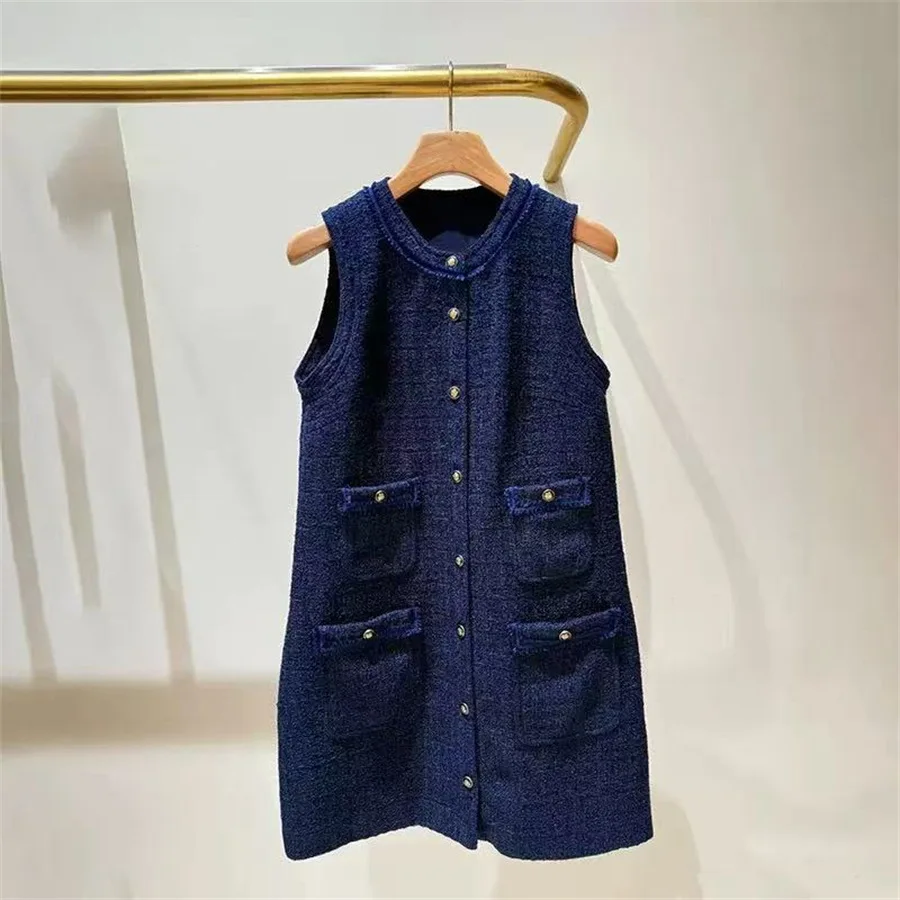 

【Gift Free】2025 Autumn Winter French Niche Simple Tweed Sleeveless Multi-Pocket Vest Dress for Women