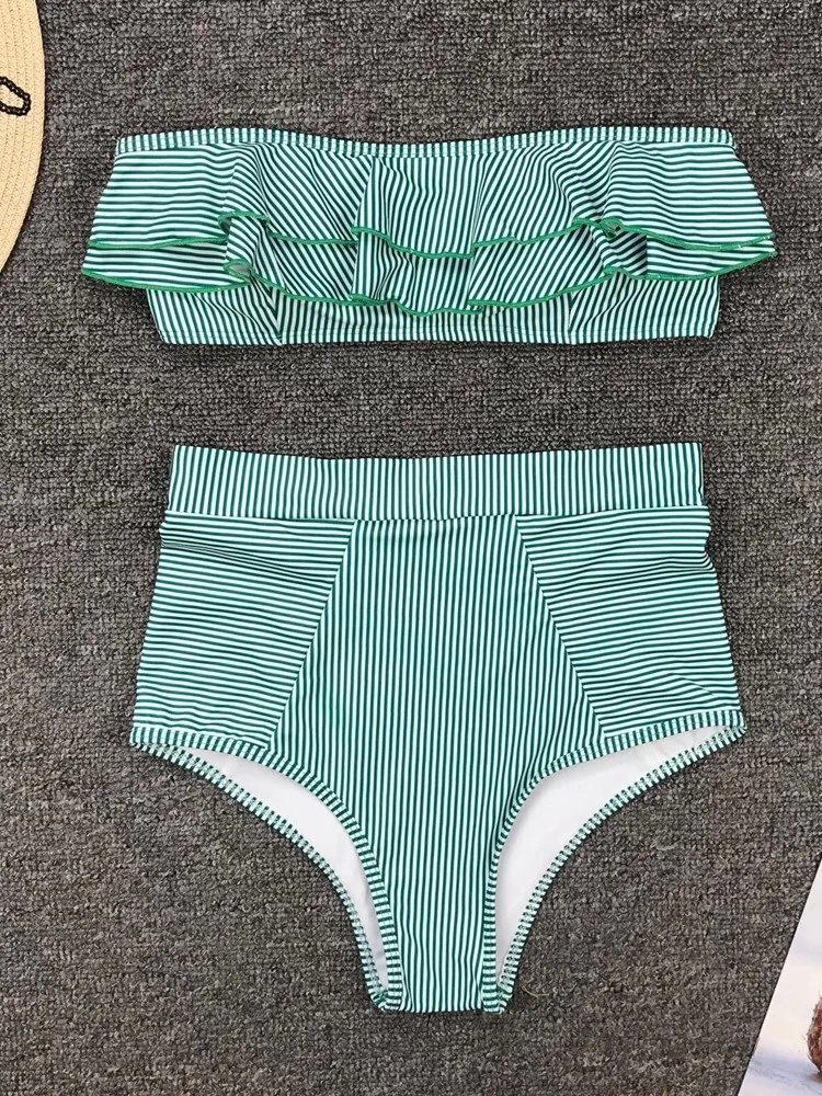 Sweet Green Striped Ruffle Bikini Off Shoulder Push-Up Boho High Waist Swimsuit Strapless Two Piece Swimwear Beachwear