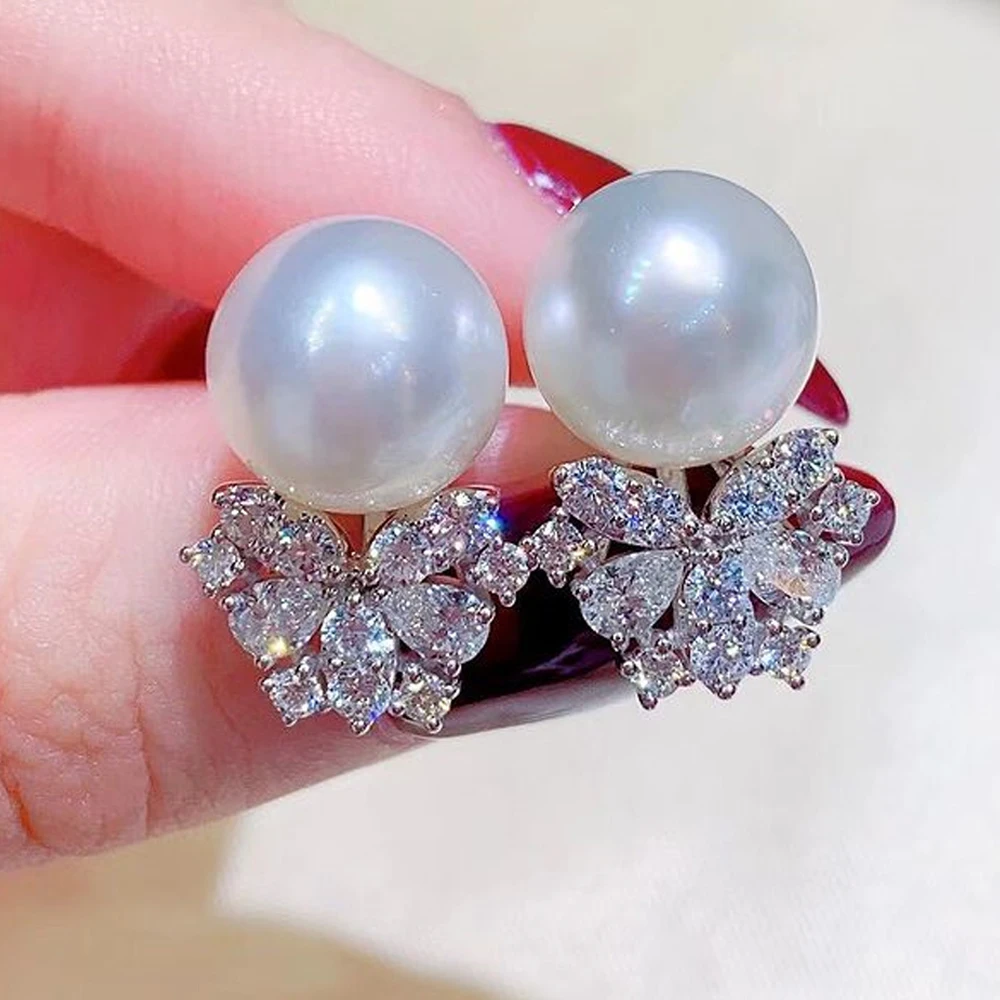 Huitan Fashion Luxury Simulated Pearl Stud Earrings for Women Crystal Cubic Zirconia Earrings Temperament Sweet Ladies Jewelry