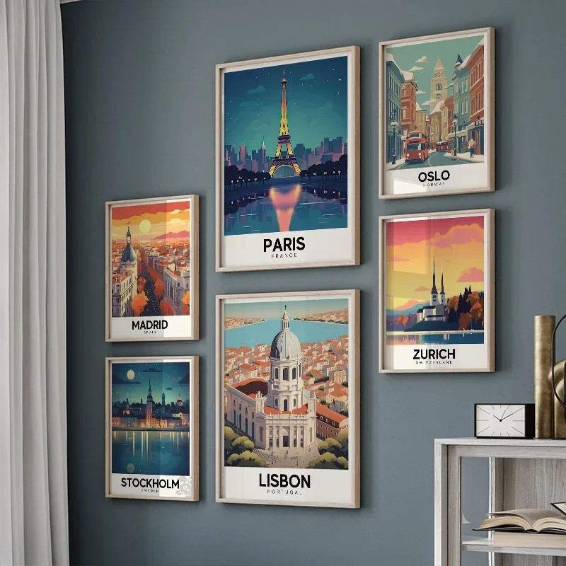 لوحة قماشية اسكندنافية لديكور غرفة المعيشة ، ملصقات ، مطبوعات ، صور ، فن جداري ، مدينة سفر ، روما ، صوفيا ، فيينا ، مدريد ، باريس #2