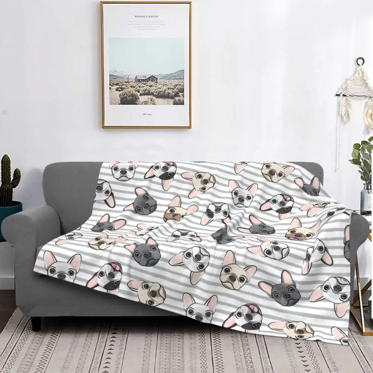 

All The Frenchies Aqua Stripes Cute French Bulldog Dog Blanket Flannel Animal Puppy Pattern Blanket for Sofa Bed