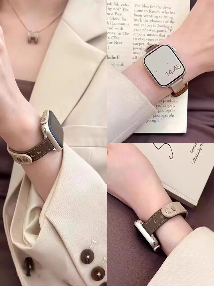 Correa de cuero fina para Apple Watch, banda de 40/44mm, 7 8SE, 6, 5, 4, 38/42, lazo de mujer para Iwatch 41/45mm, 49, Ultra 3, 2, 1, hebilla de doble clavo
