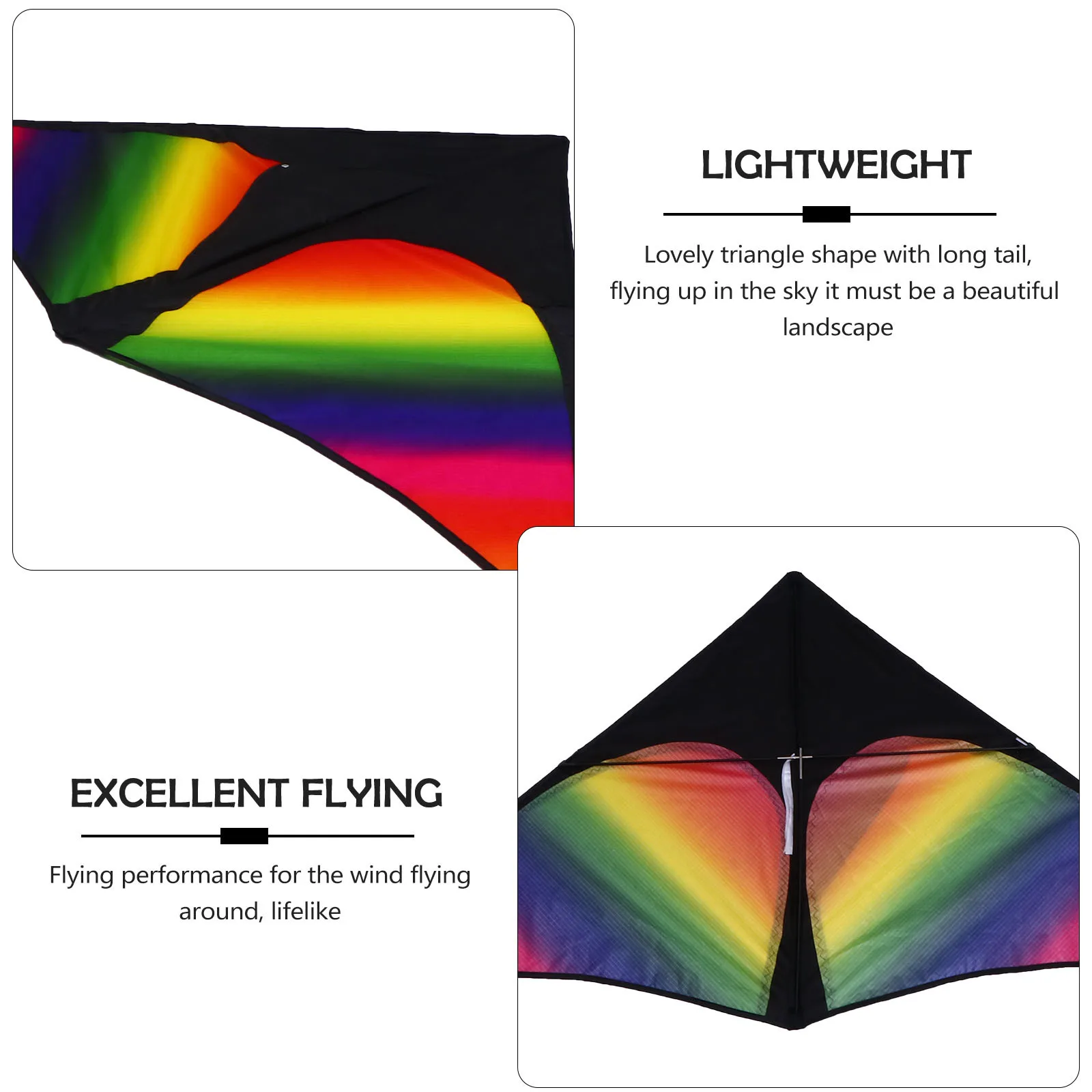 Cometa arcoíris de cola larga con forma de triángulo de colores brillantes para niños, fácil de volar para actividades al aire libre, cometa en forma de triángulo