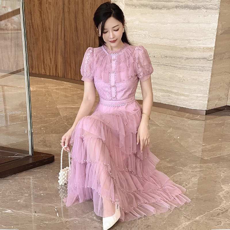 High End Pink Beading Summer Women Lace Sweet French O Neck Short Sleeve Mesh Cascading Ruffles Cake Casual Party Dresses