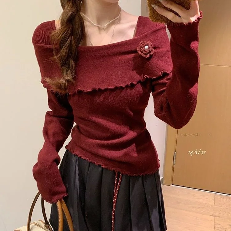 سترة محبوكة على شكل زهرة حمراء من Cisas بقصة ضيقة وملابس داخلية قاعدة irt للنساء لموسم الخريف والخريف ort Sve #1