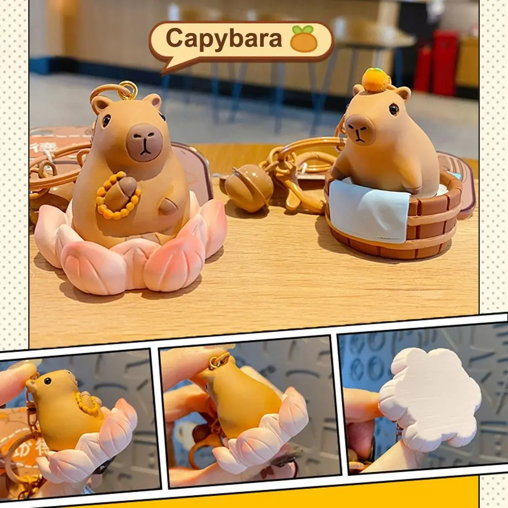 Resin Car Capybara Keychain Cartoon Cute Riding Seagull Capybara Pendant Lotus Bell Bath Place It As a Decoration