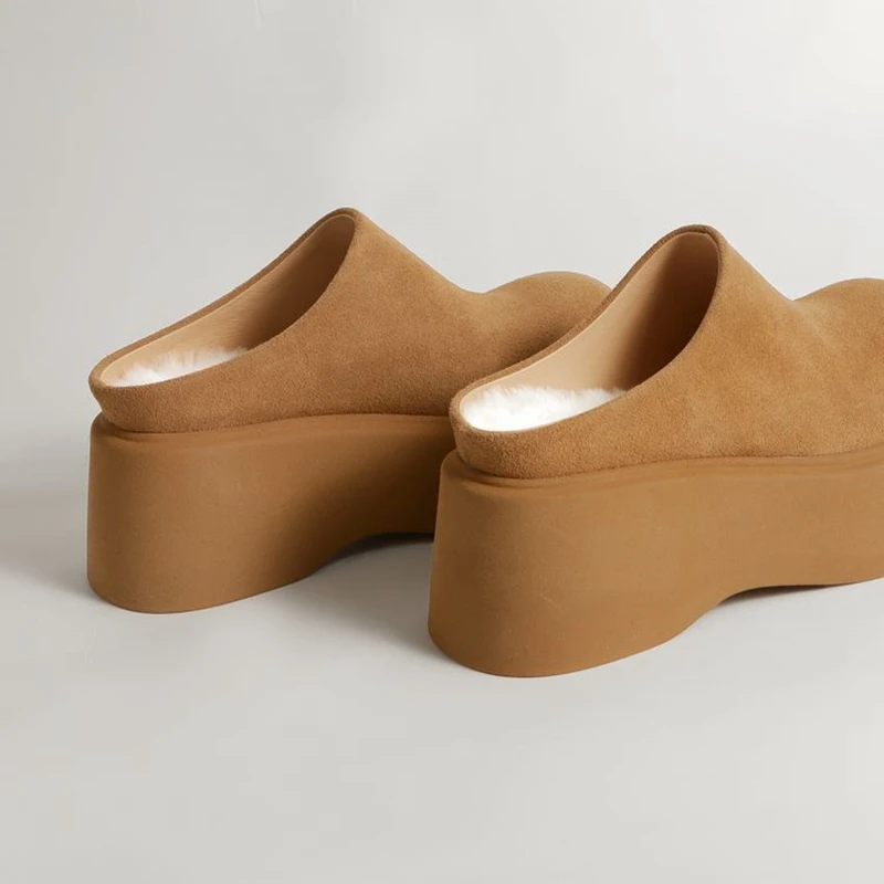 Women's new leather cow suede thick soled waterproof platform high heels, warm wool Boken shoes, shallow mouth Mueller shoes