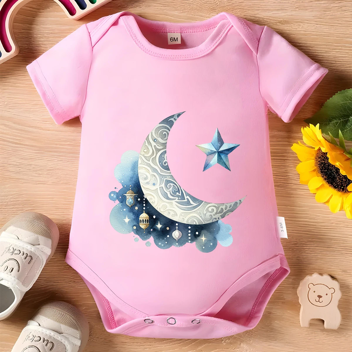 Ramadan bulan 100% pakaian bayi katun Onesie bayi Bodysuit cetak lucu untuk 0 hingga 12 bulan Romper lengan pendek bayi baru lahir