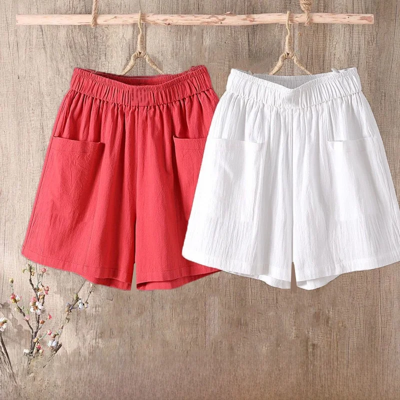 

Хлопково-льняные женские летние повседневные брюки с высокой талией и широкими штанинами, корейские модные свободные брюки для мам с пятью точками