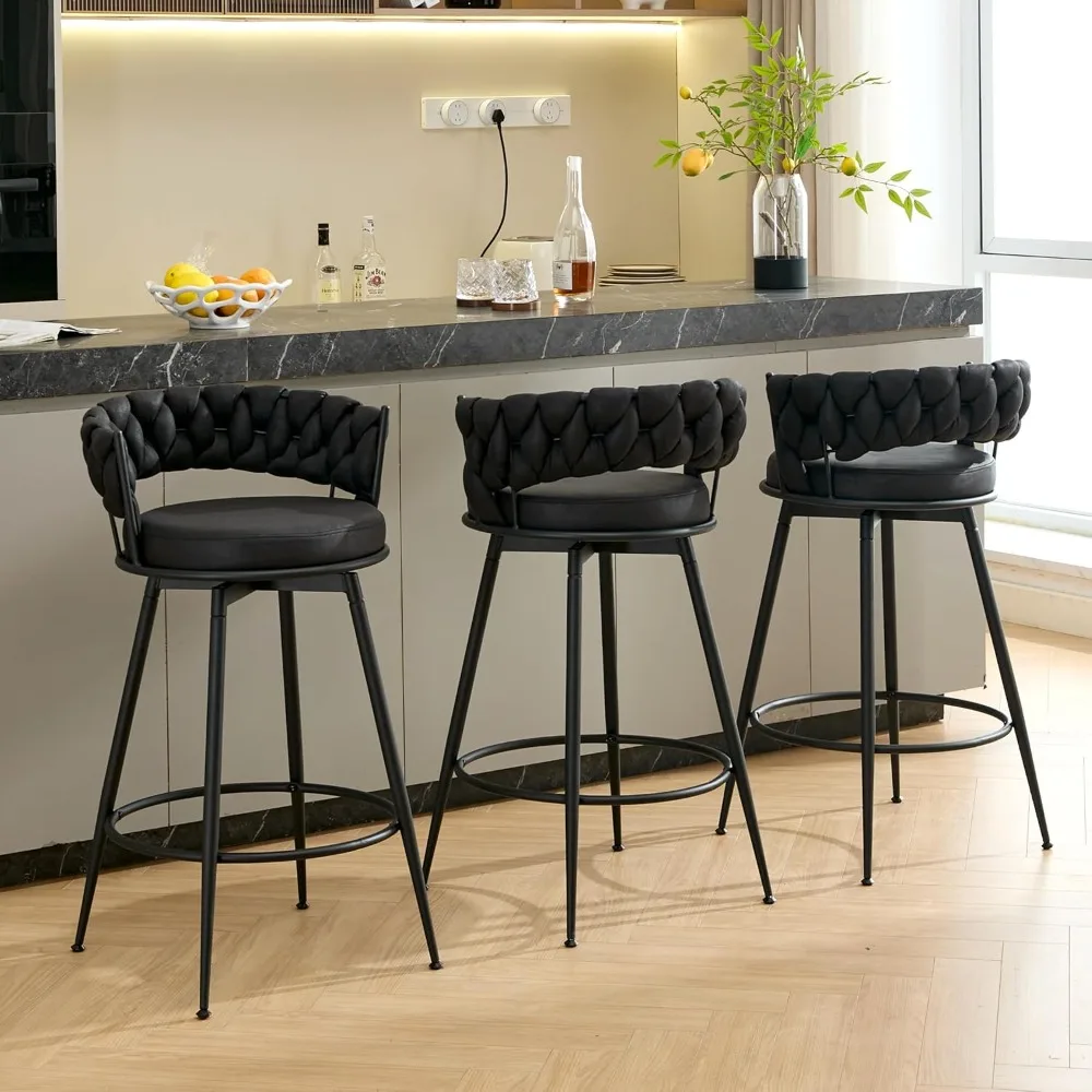 360°Swivel Black Bar Stools Set of3,28inch Counter Height Bar Stools Modern Barstools with Woven BackandSuede Fabric,Metal Frame